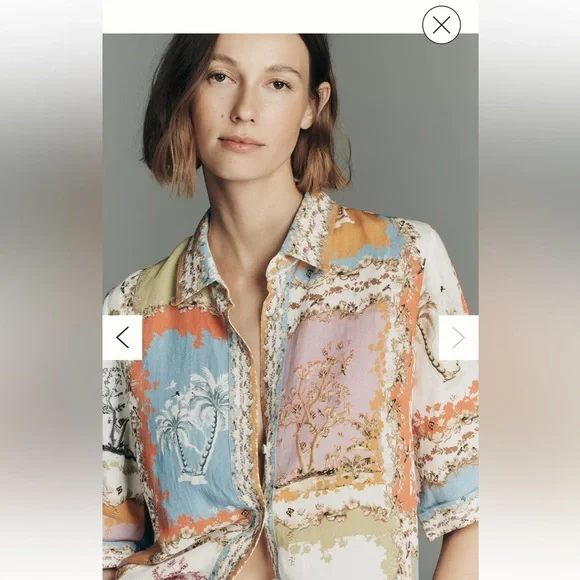 K90. New Anthropologie Tropical Patchwork linen Collared Blouse linen $138 - Picture 2 of 4